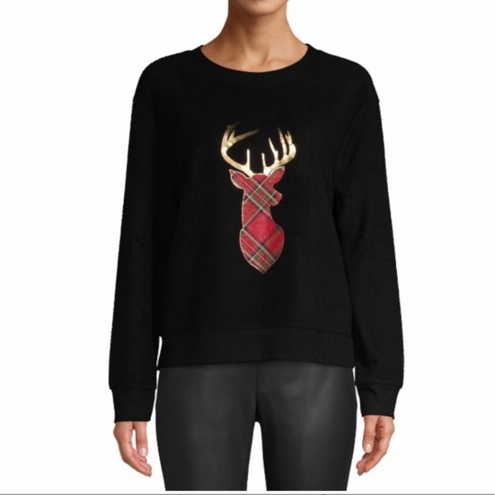Plaid Gold Reindeer Fleece Holiday Sweater S ugly sweater